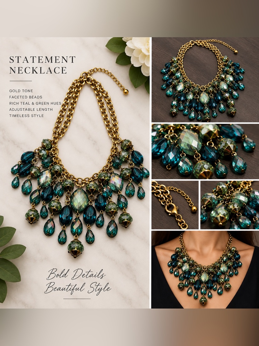 Teal & Gold Faceted Statement Necklace